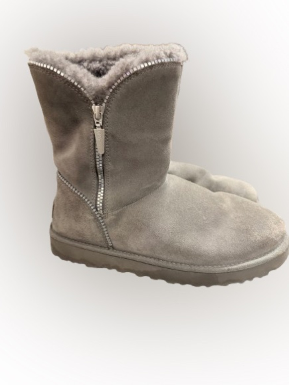 UGG Florence Zip Sheepskin Boots Womens 10 Gray Suede Mid Calf Cozy Winter